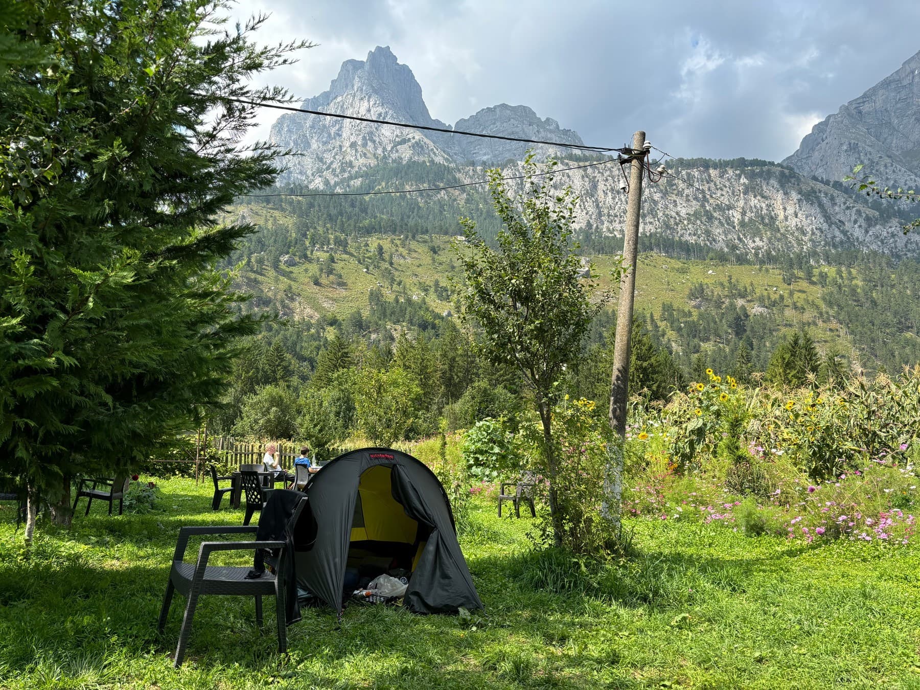 Our tent pitched in the backyard of a guest house in Valbona